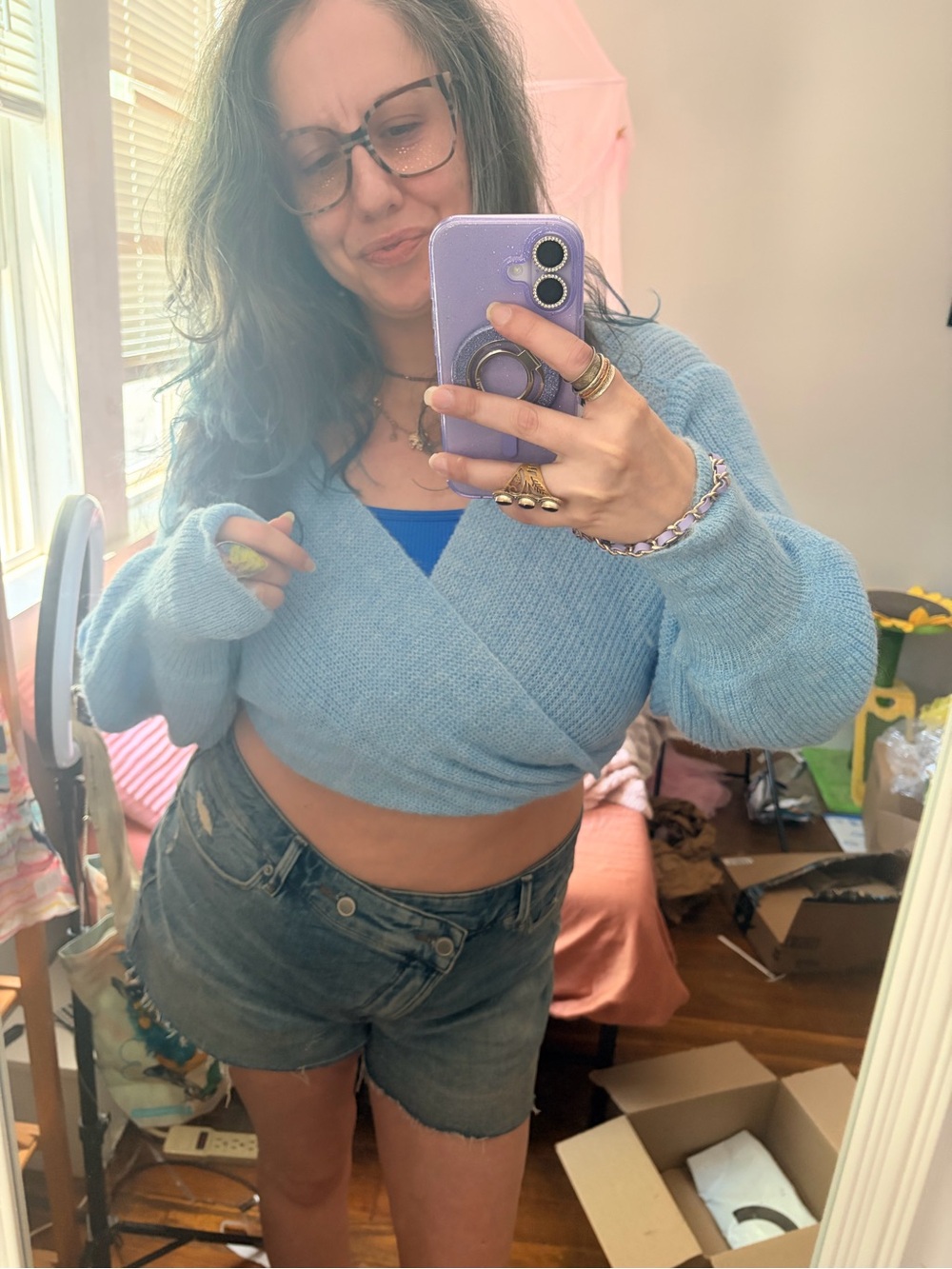 Olivaceous Baby Blue Twist Front Cropped Top | Large | NWT | Fuzzy Knit Crop - Picture 2 of 10